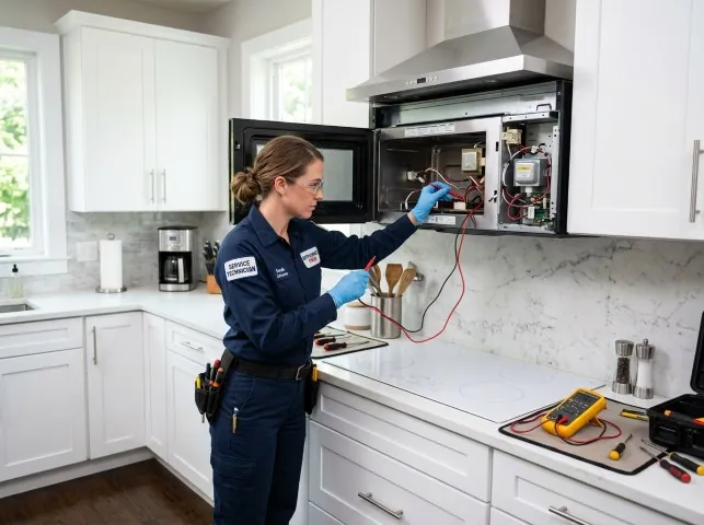 Appliance Repair Hero technician testing an over-the-range microwave in a Albany, CA kitchen